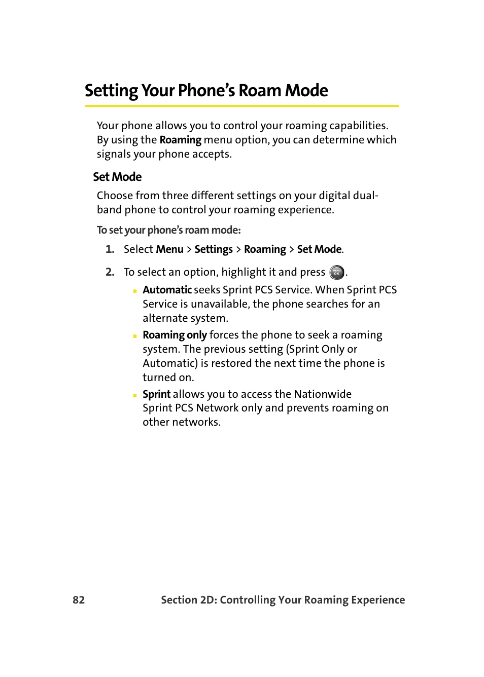 Setting your phone’s roam mode, Set mode | Samsung A900M User Manual | Page 106 / 276