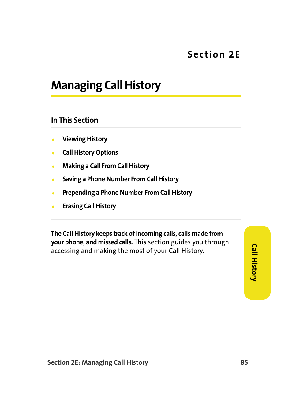 Managing call history, 2e. managing call history, Ca ll histor y | Samsung A900M User Manual | Page 109 / 276