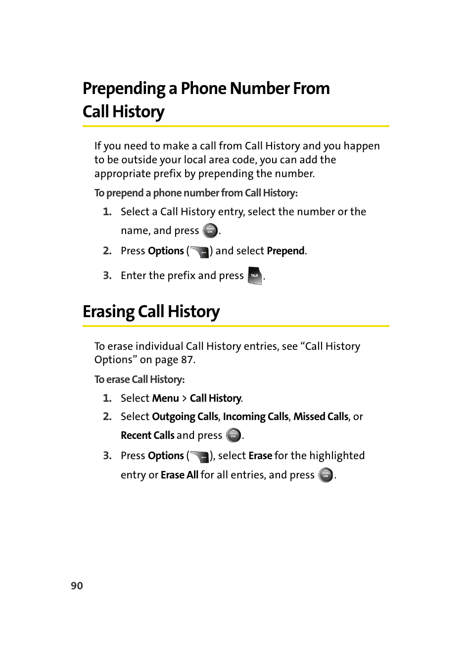 Prepending a phone number from call history, Erasing call history | Samsung A900M User Manual | Page 114 / 276