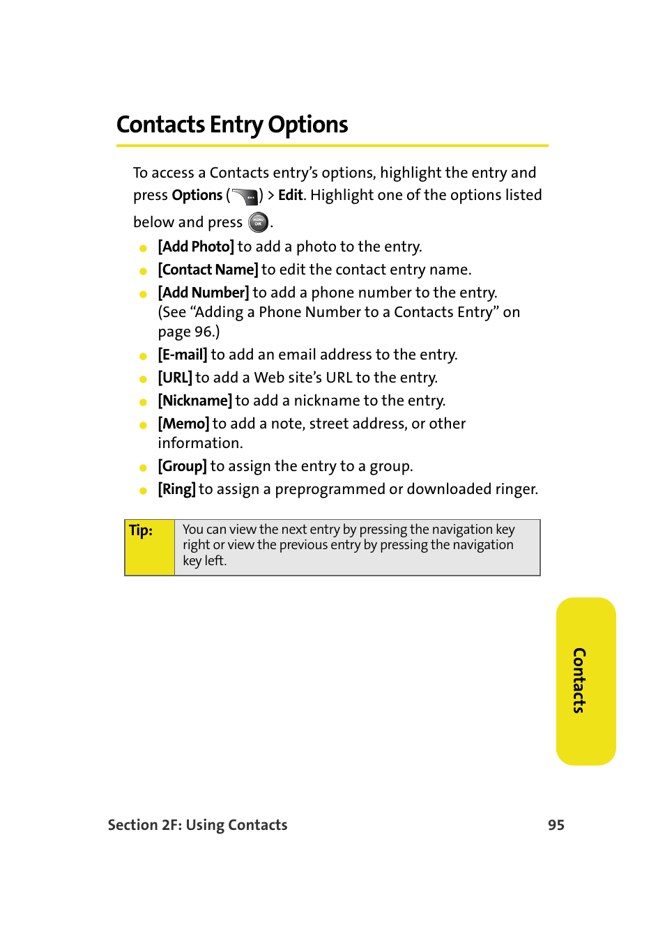 Contacts entry options, Co n ta ct s | Samsung A900M User Manual | Page 119 / 276