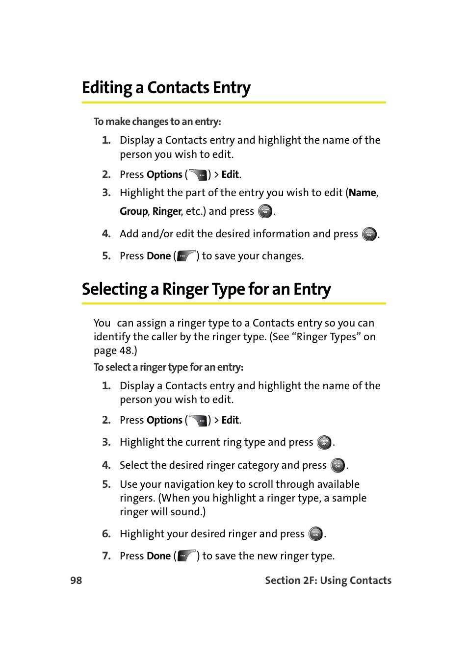 Editing a contacts entry, Selecting a ringer type for an entry | Samsung A900M User Manual | Page 122 / 276