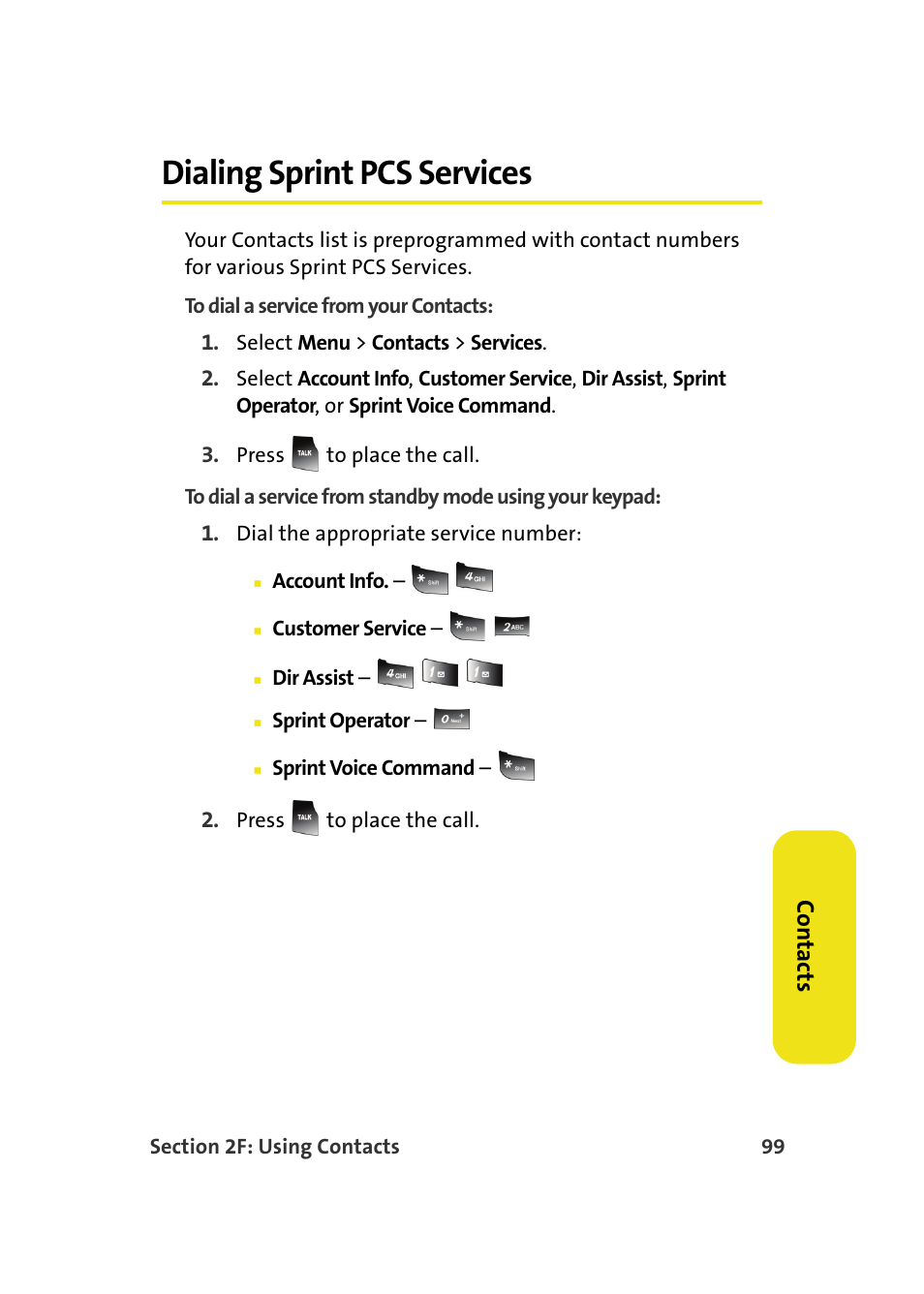 Dialing sprint pcs services, Co n ta ct s | Samsung A900M User Manual | Page 123 / 276