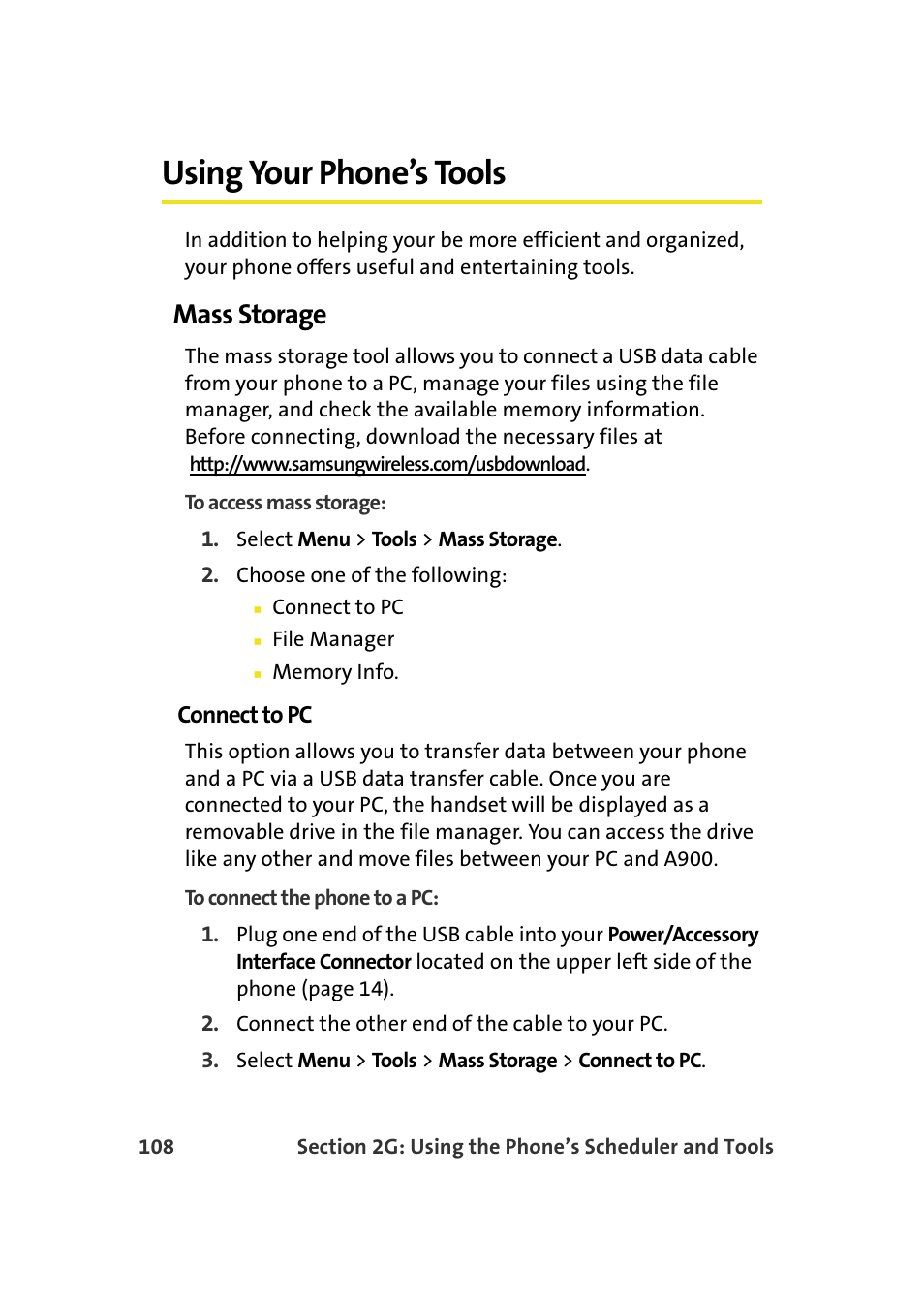 Using your phone’s tools, Mass storage | Samsung A900M User Manual | Page 132 / 276