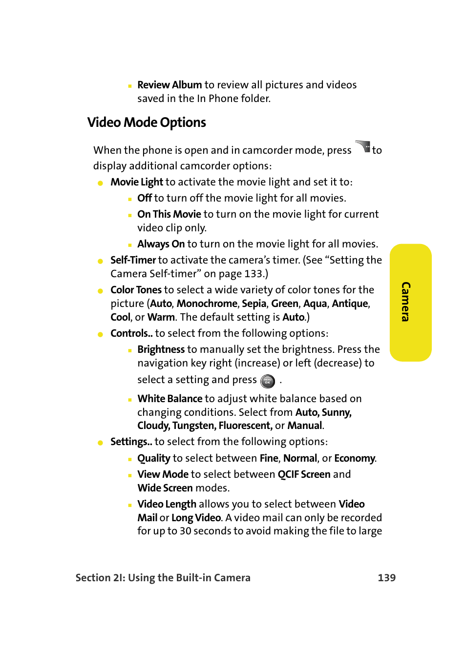 Video mode options, Ca m e ra | Samsung A900M User Manual | Page 163 / 276