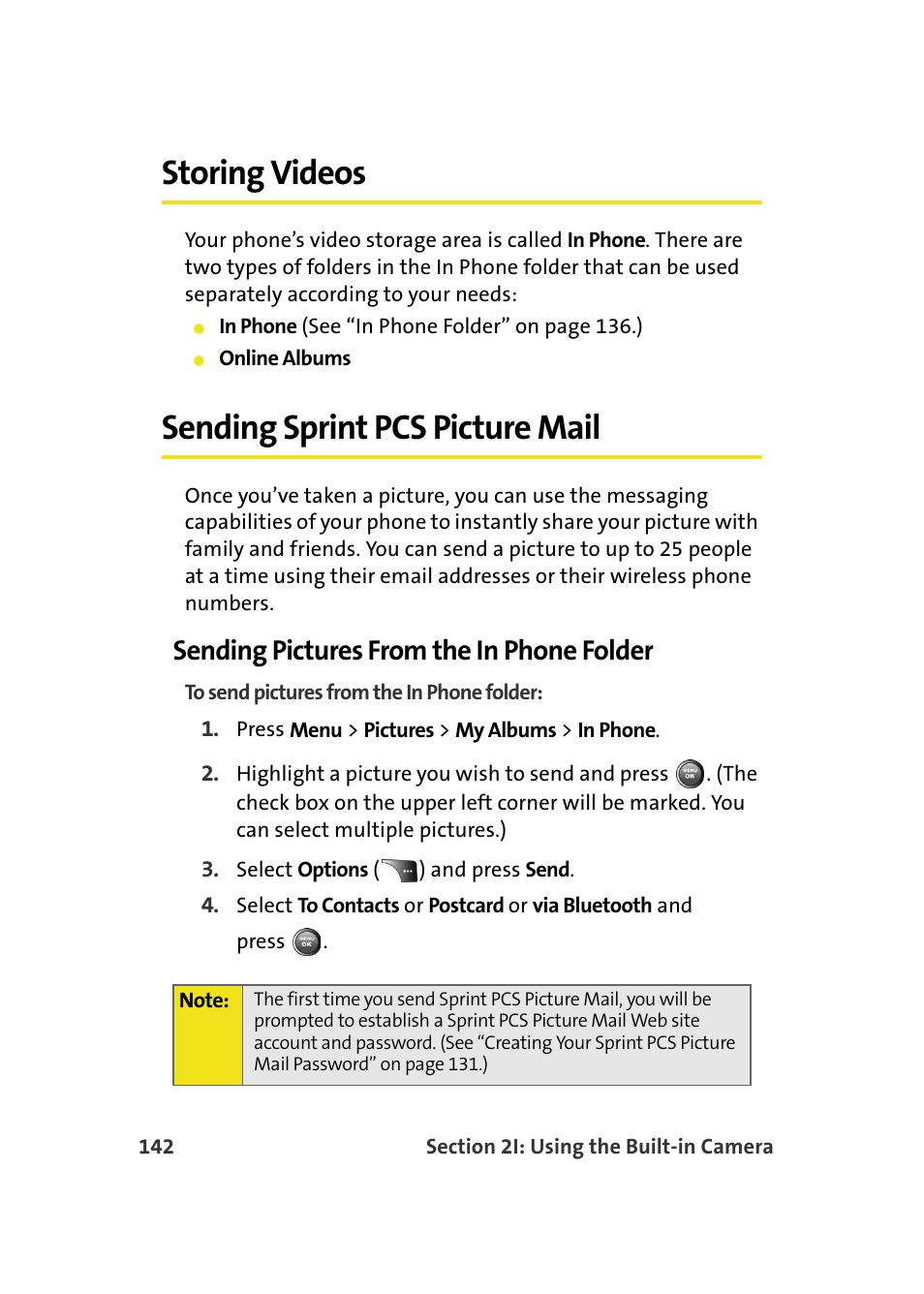 Storing videos, Sending sprint pcs picture mail, Sending pictures from the in phone folder | Samsung A900M User Manual | Page 166 / 276