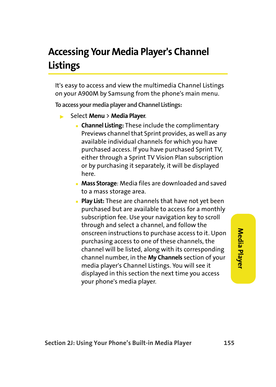 Accessing your media player's channel listings, Med ia pla ye r | Samsung A900M User Manual | Page 179 / 276