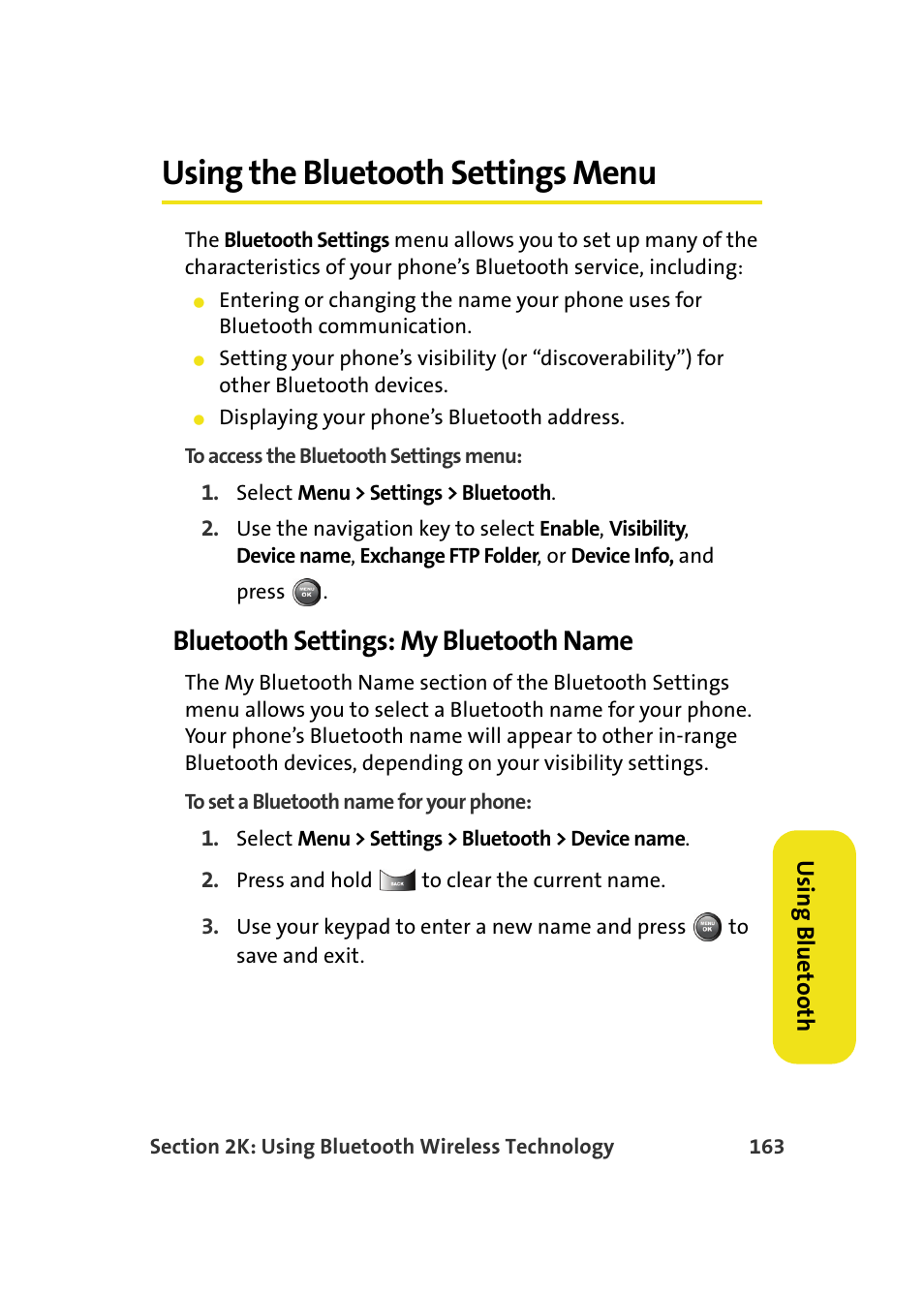 Using the bluetooth settings menu, Bluetooth settings: my bluetooth name | Samsung A900M User Manual | Page 187 / 276