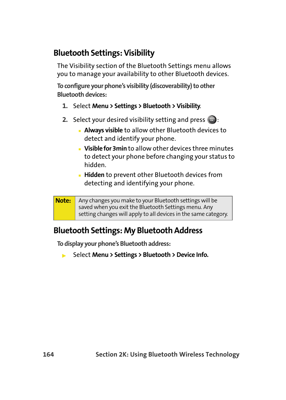 Bluetooth settings: visibility, Bluetooth settings: my bluetooth address | Samsung A900M User Manual | Page 188 / 276