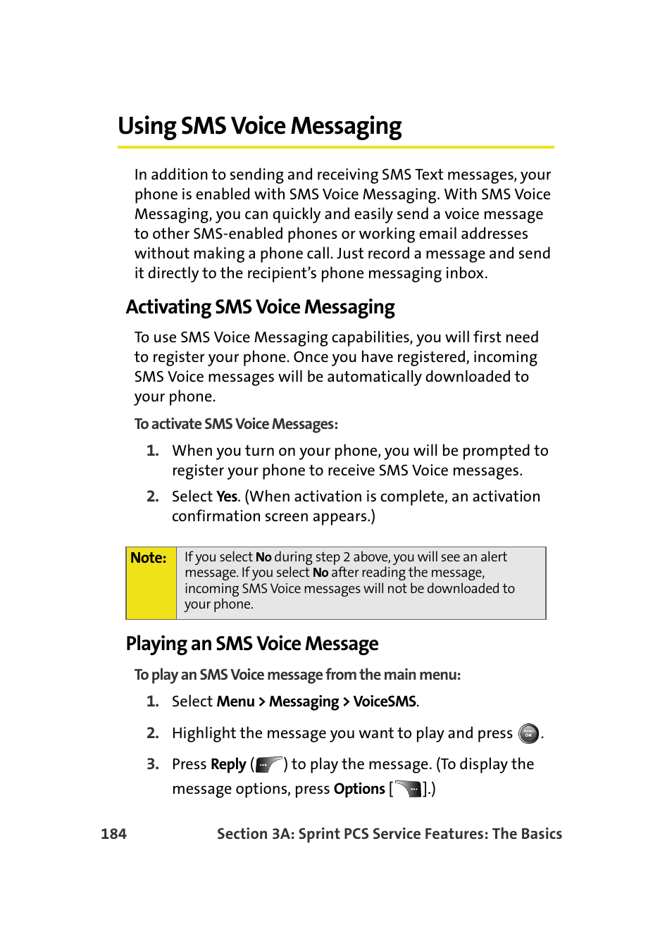 Using sms voice messaging, Activating sms voice messaging, Playing an sms voice message | Samsung A900M User Manual | Page 208 / 276