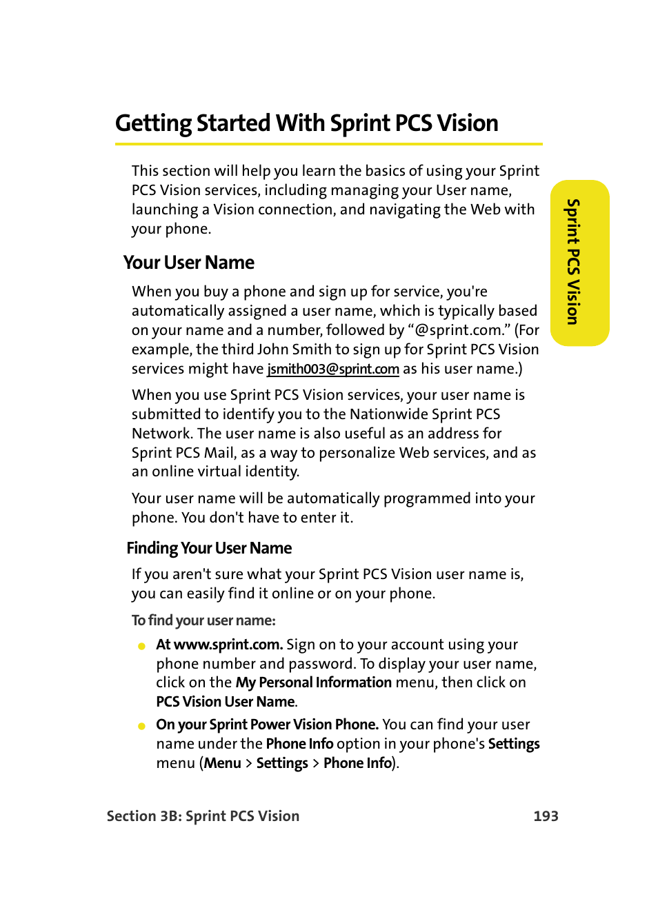 Getting started with sprint pcs vision, Your user name | Samsung A900M User Manual | Page 217 / 276