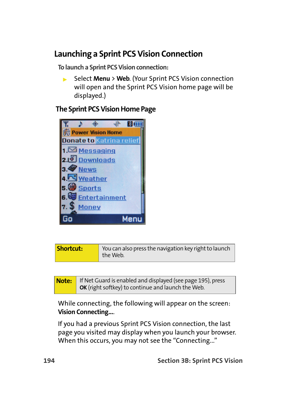 Launching a sprint pcs vision connection, The sprint pcs vision home page | Samsung A900M User Manual | Page 218 / 276