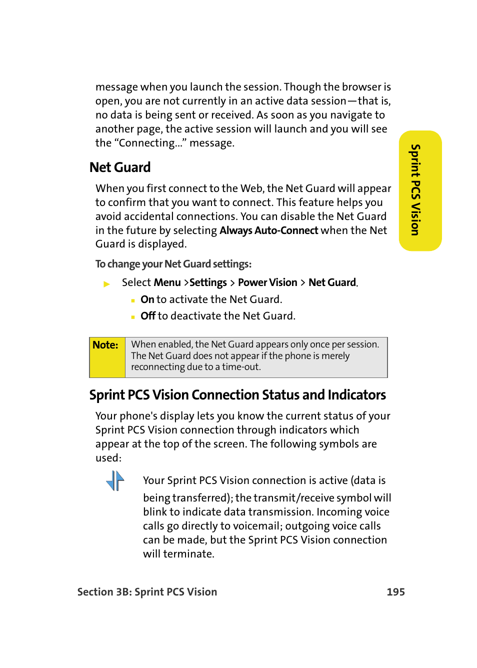 Net guard, Sprint pcs vision connection status and indicators | Samsung A900M User Manual | Page 219 / 276