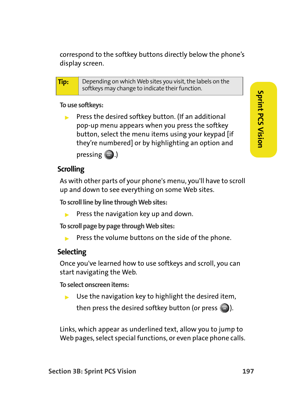 Sp rint pcs v isio n, Scrolling, Selecting | Samsung A900M User Manual | Page 221 / 276