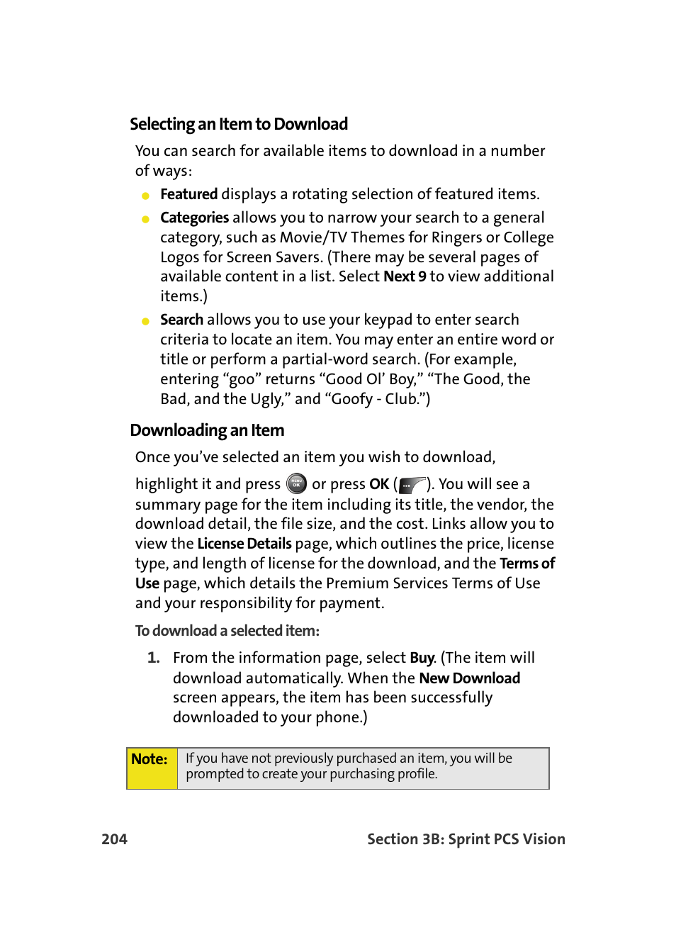 Selecting an item to download, Downloading an item | Samsung A900M User Manual | Page 228 / 276