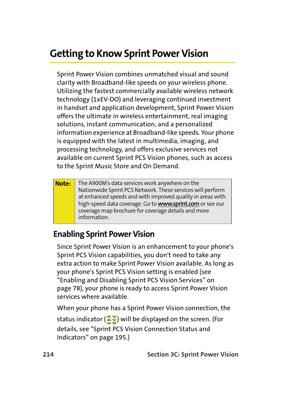 Getting to know sprint power vision, Enabling sprint power vision | Samsung A900M User Manual | Page 238 / 276