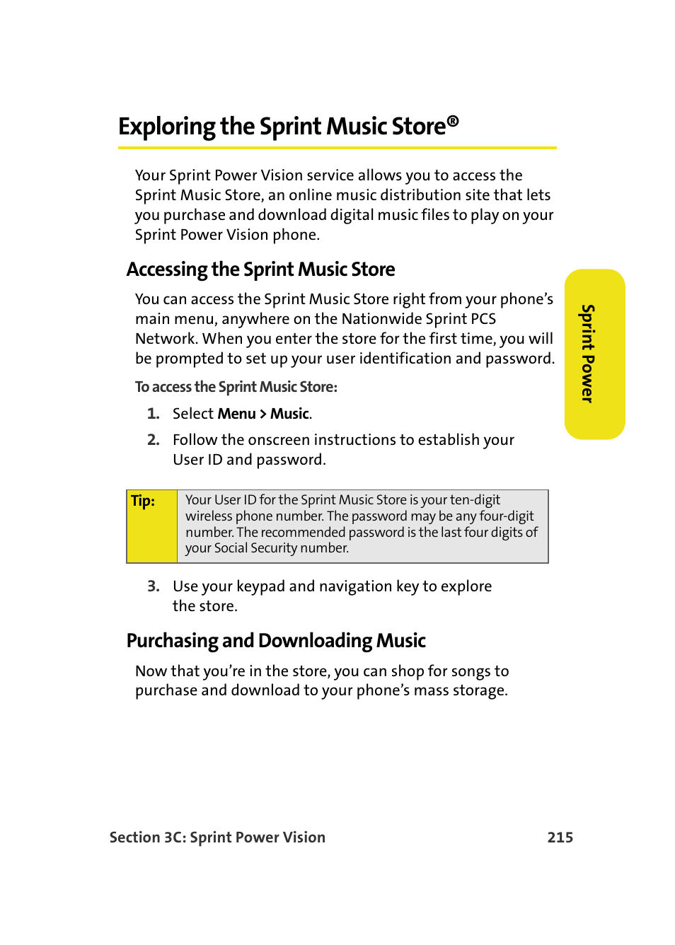 Exploring the sprint music store, Accessing the sprint music store, Purchasing and downloading music | Samsung A900M User Manual | Page 239 / 276