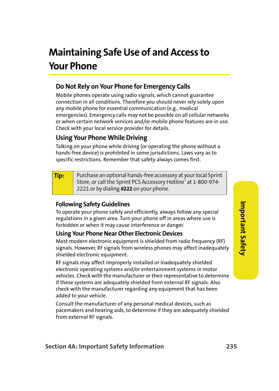 Maintaining safe use of and access to your phone, Imp o rt ant saf e ty | Samsung A900M User Manual | Page 259 / 276