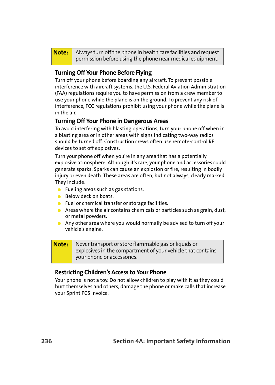 Turning off your phone in dangerous areas, Restricting children’s access to your phone | Samsung A900M User Manual | Page 260 / 276