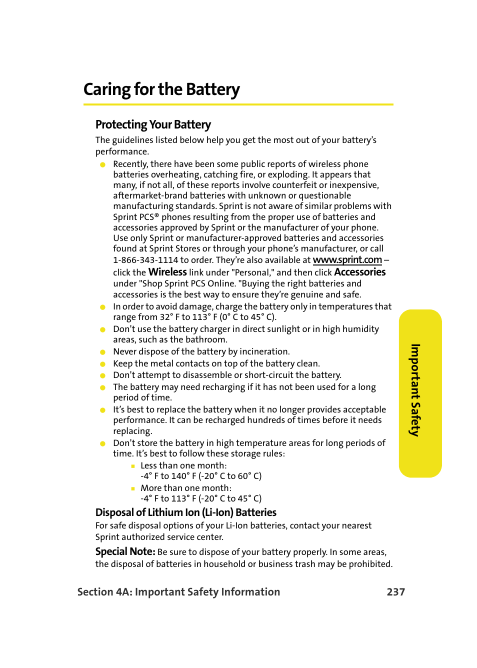 Caring for the battery, Imp o rt ant saf e ty, Protecting your battery | Samsung A900M User Manual | Page 261 / 276