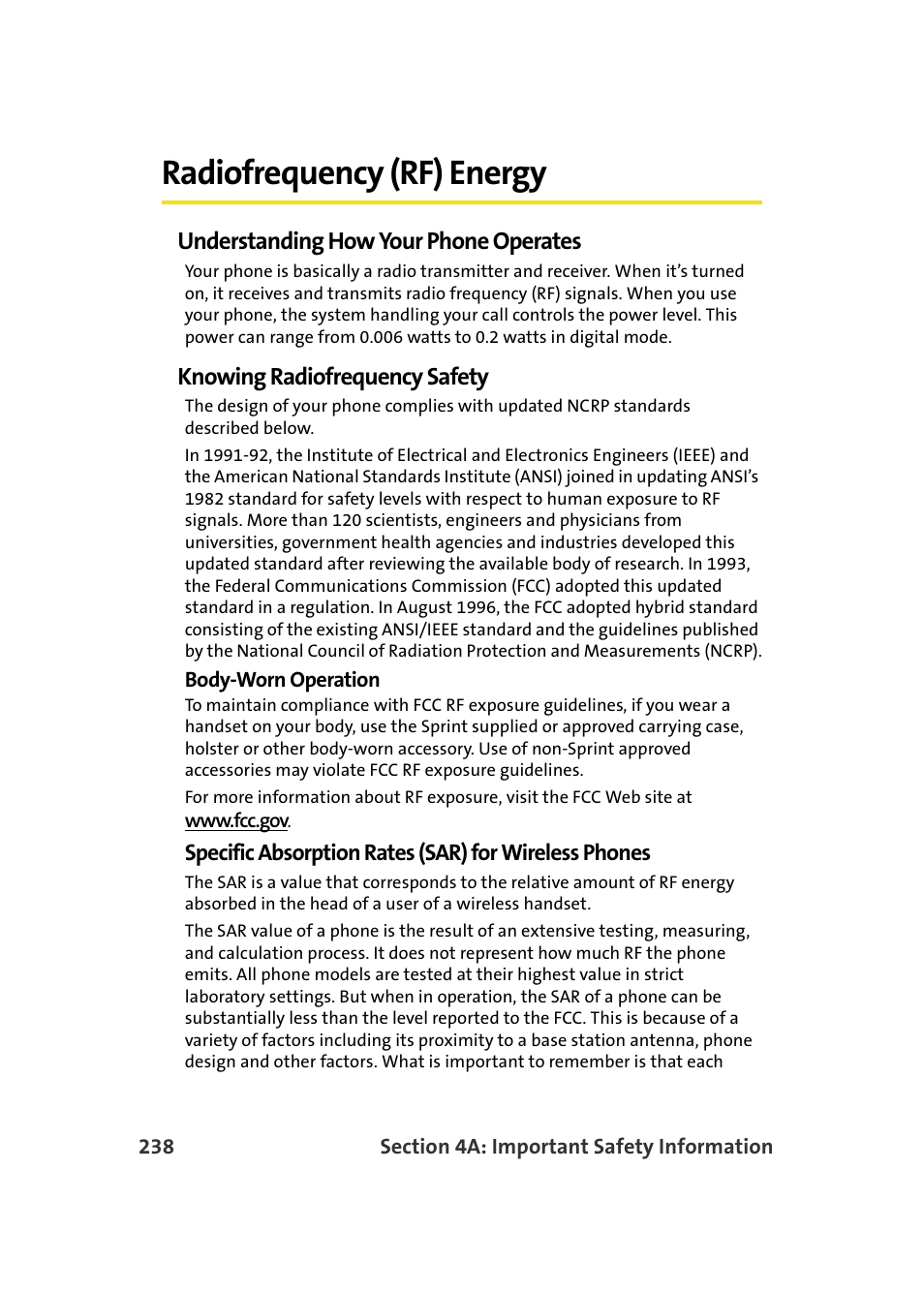 Radiofrequency (rf) energy, Understanding how your phone operates, Knowing radiofrequency safety | Samsung A900M User Manual | Page 262 / 276