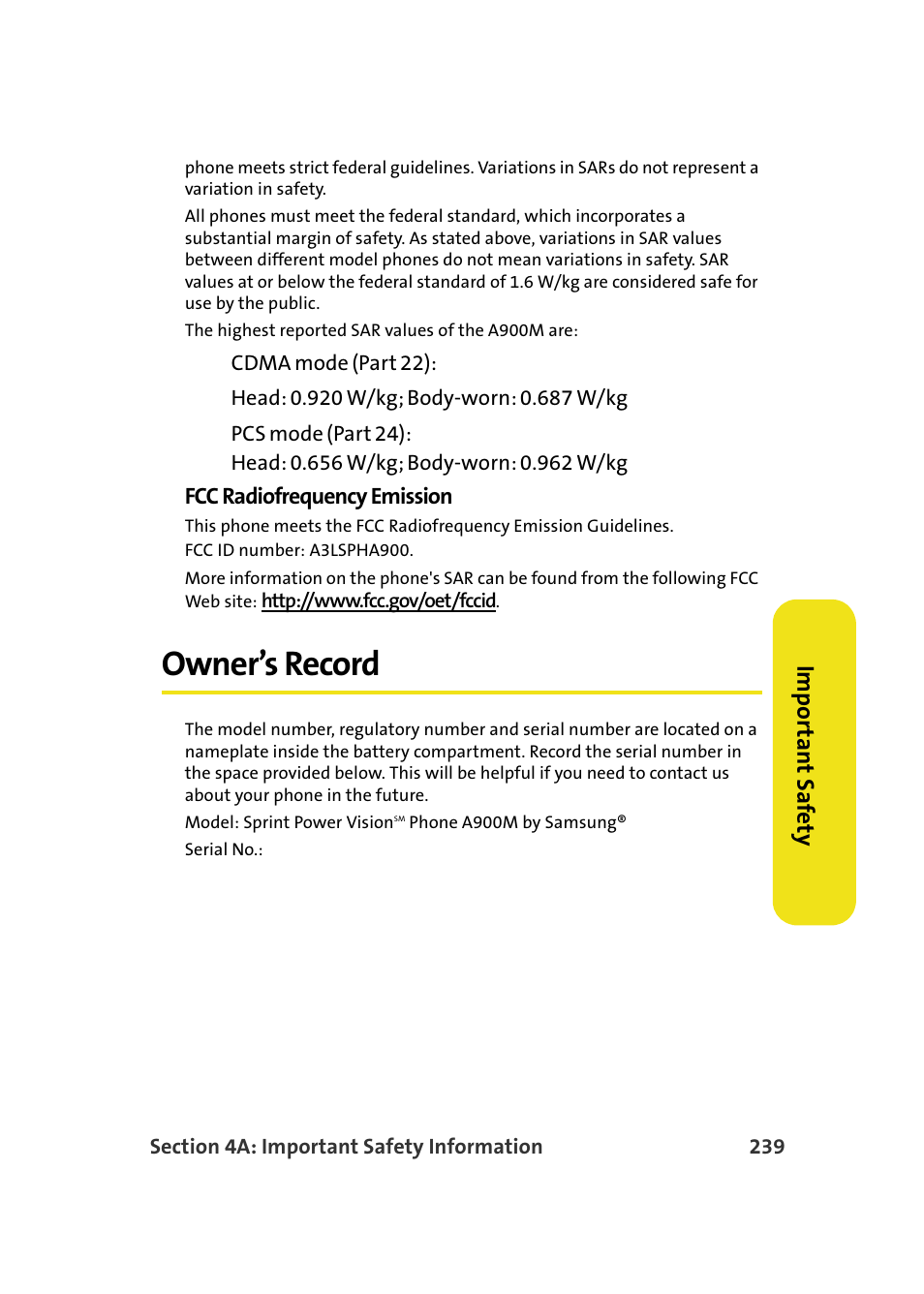 Owner’s record, Imp o rt ant saf e ty | Samsung A900M User Manual | Page 263 / 276
