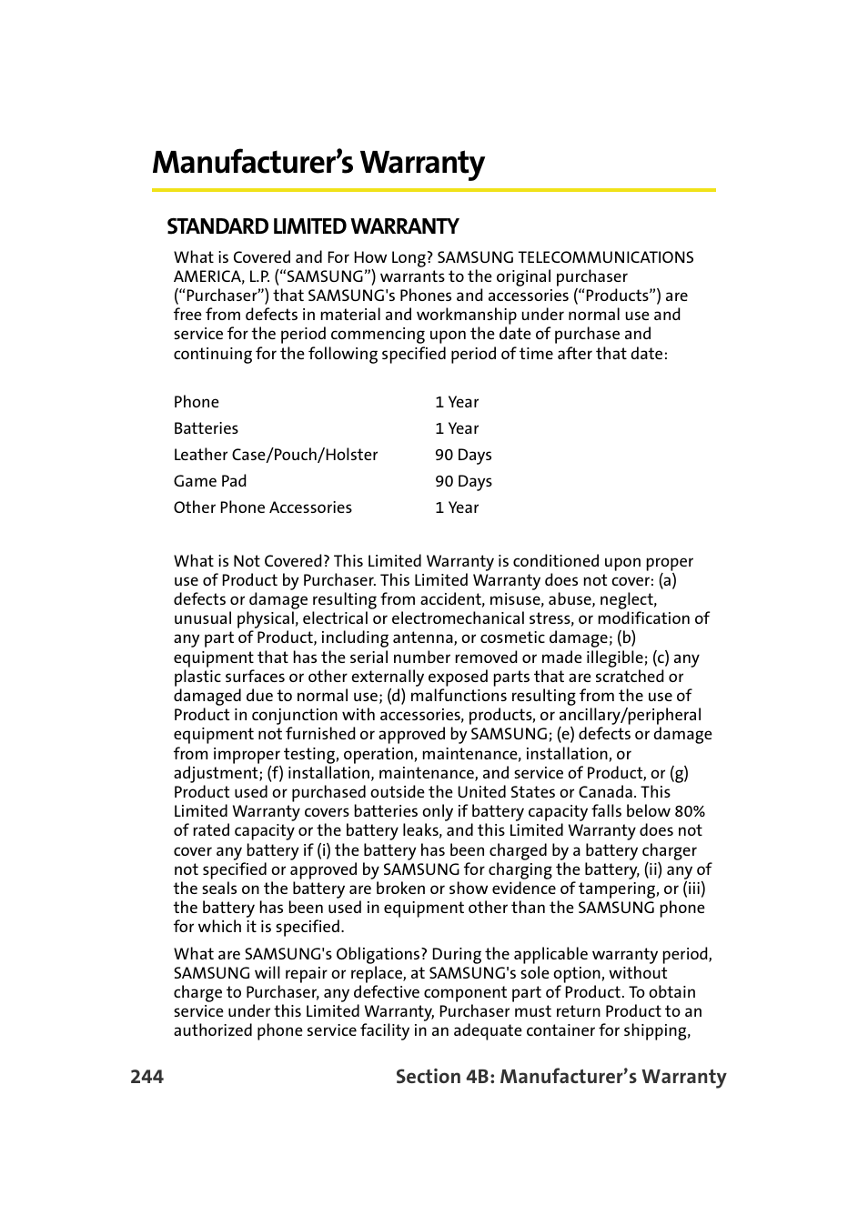 Manufacturer’s warranty, Standard limited warranty | Samsung A900M User Manual | Page 268 / 276