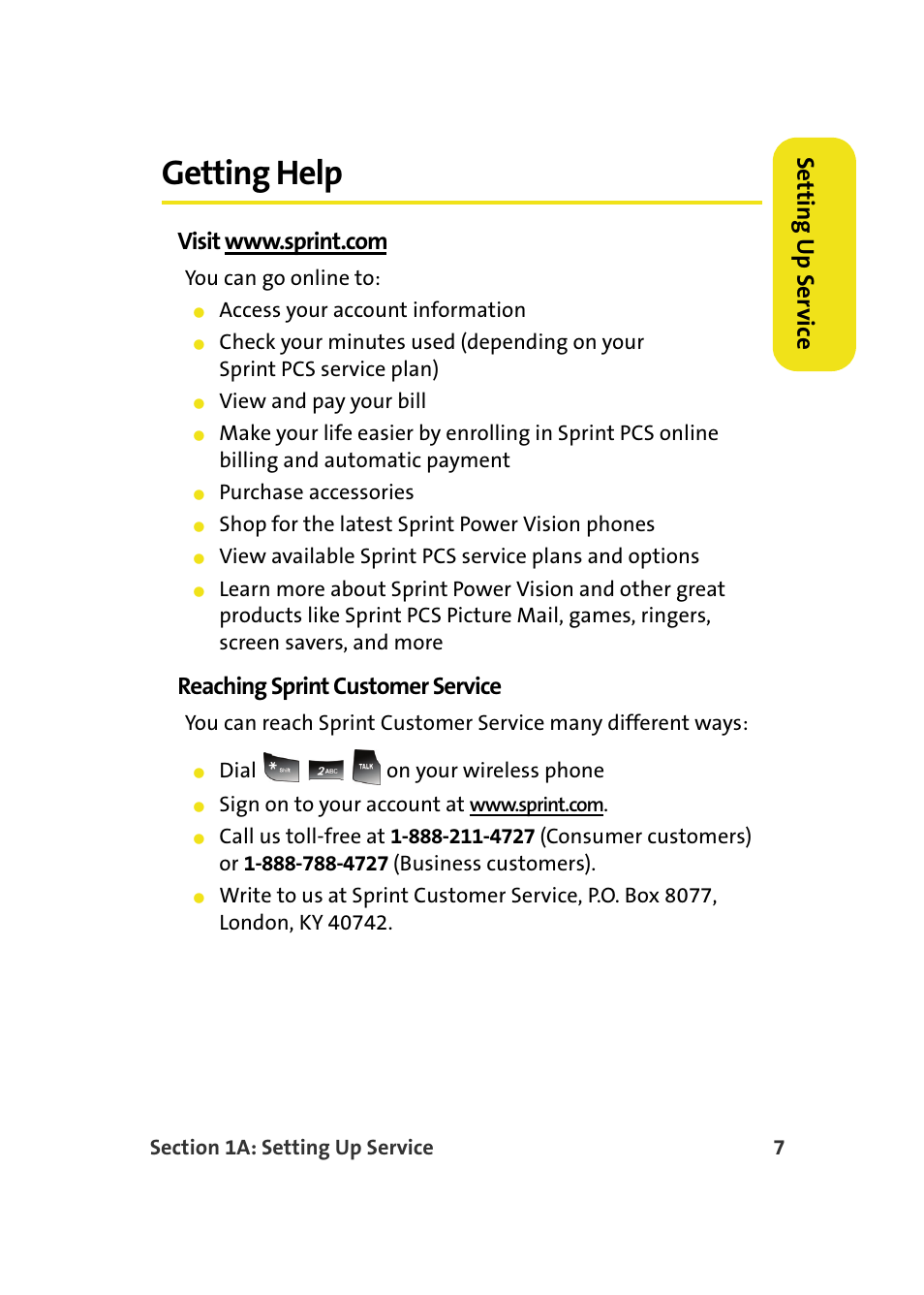 Getting help, Setting u p ser v ice, Reaching sprint customer service | Samsung A900M User Manual | Page 31 / 276