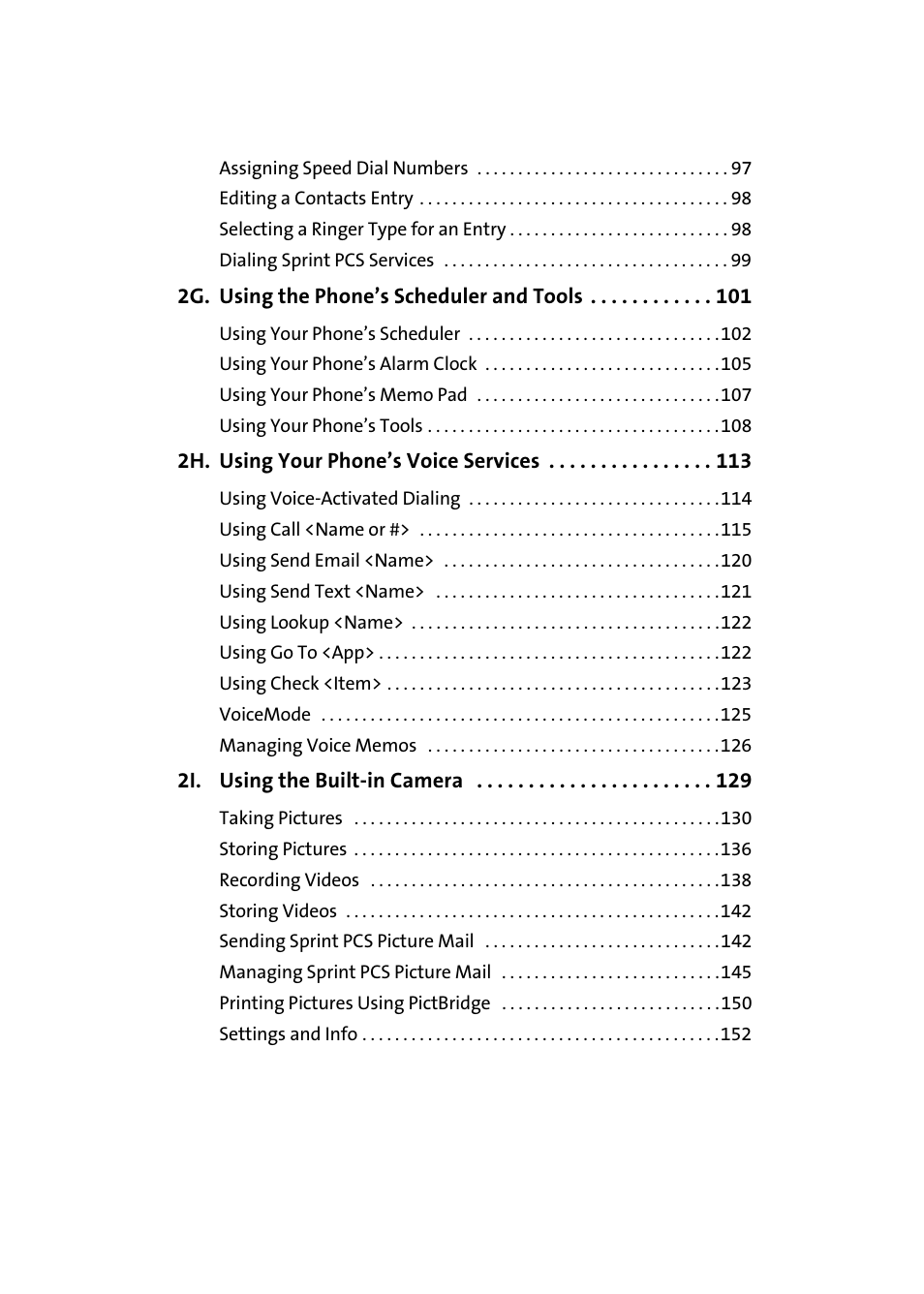 2g. using the phone’s scheduler and tools 101, 2h. using your phone’s voice services 113, 2i. using the built-in camera 129 | Samsung A900M User Manual | Page 5 / 276