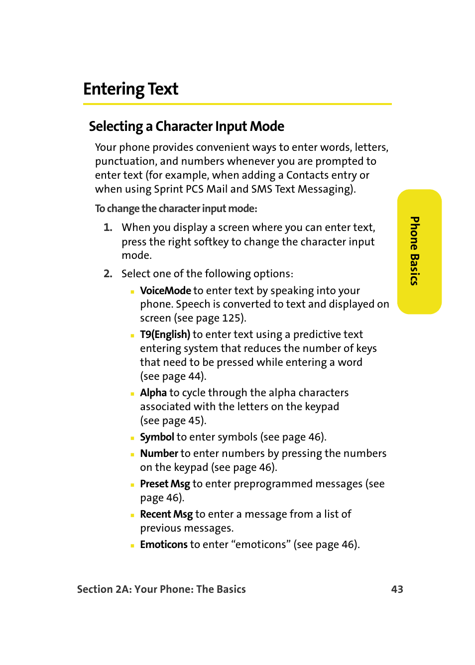 Entering text, Selecting a character input mode, Phone basics | Samsung A900M User Manual | Page 67 / 276