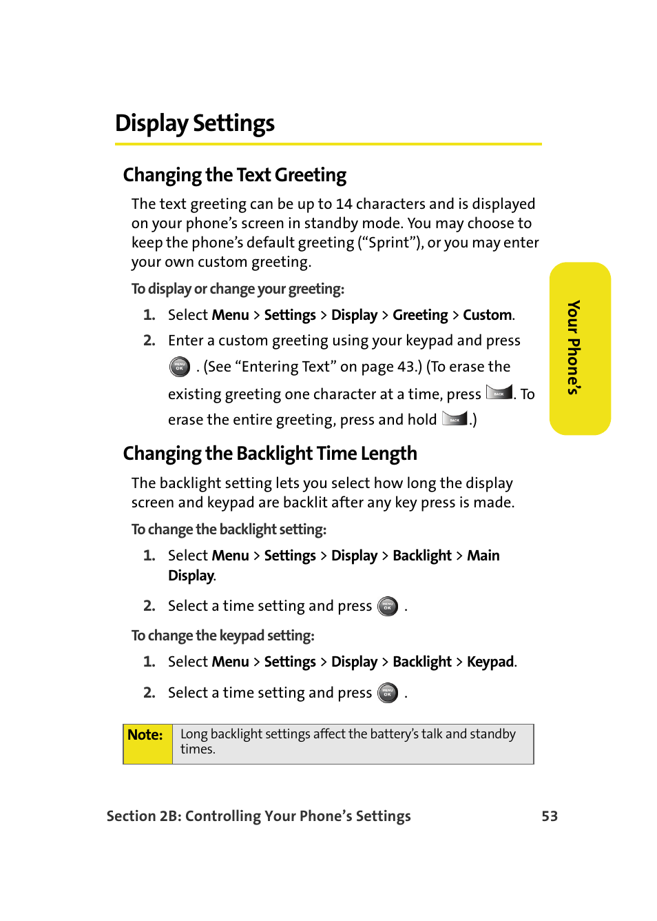 Display settings, Changing the text greeting, Changing the backlight time length | Samsung A900M User Manual | Page 77 / 276