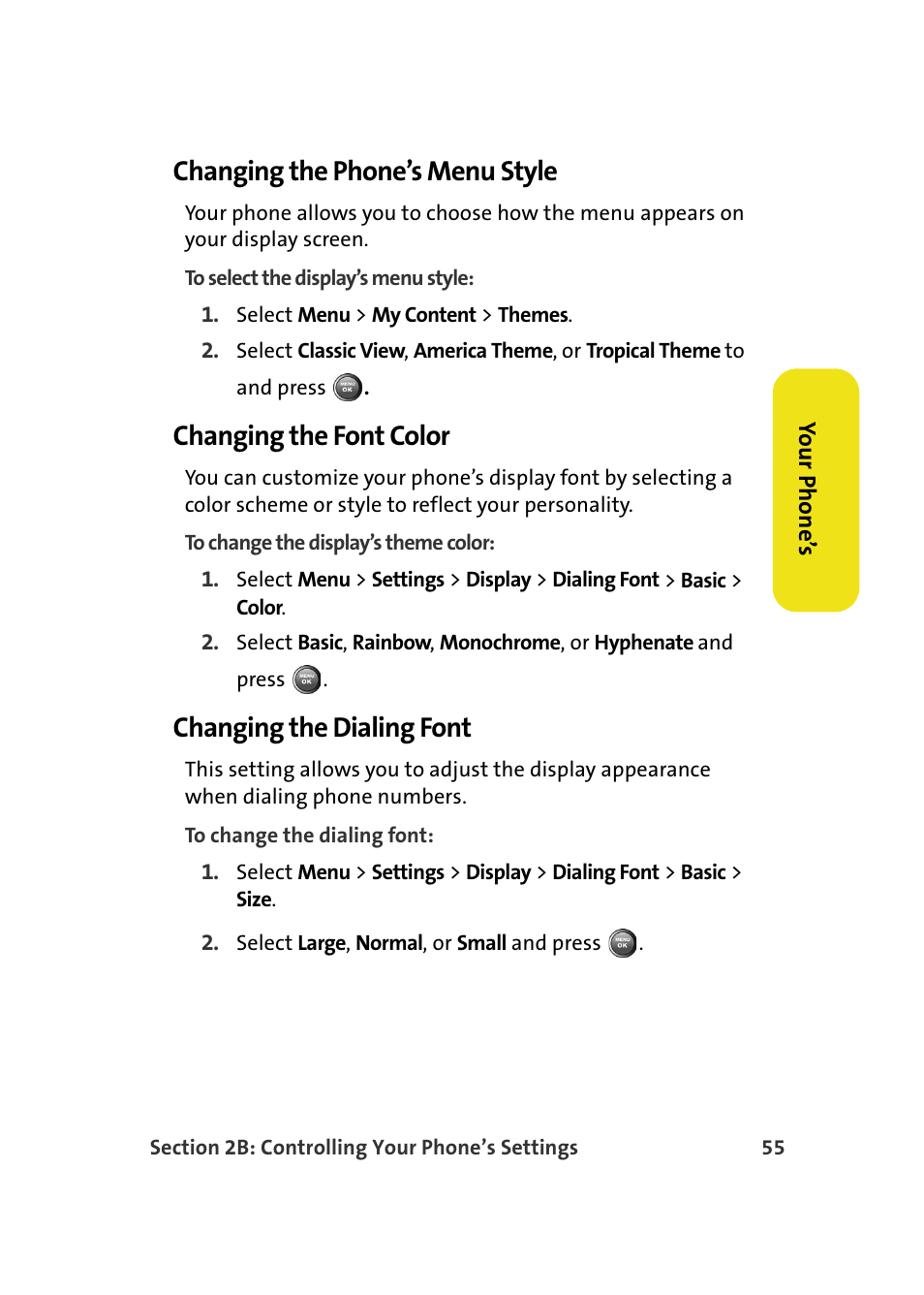 Changing the phone’s menu style, Changing the font color, Changing the dialing font | Samsung A900M User Manual | Page 79 / 276