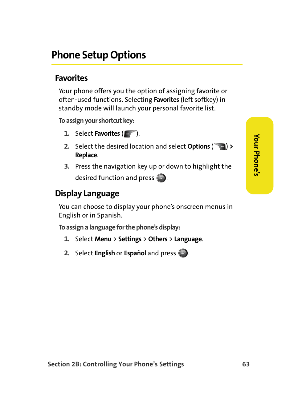 Phone setup options, Favorites, Display language | Samsung A900M User Manual | Page 87 / 276