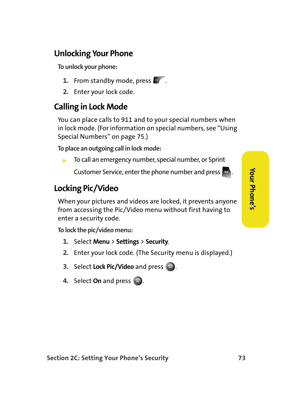 Unlocking your phone, Calling in lock mode, Locking pic/video | Samsung A900M User Manual | Page 97 / 276