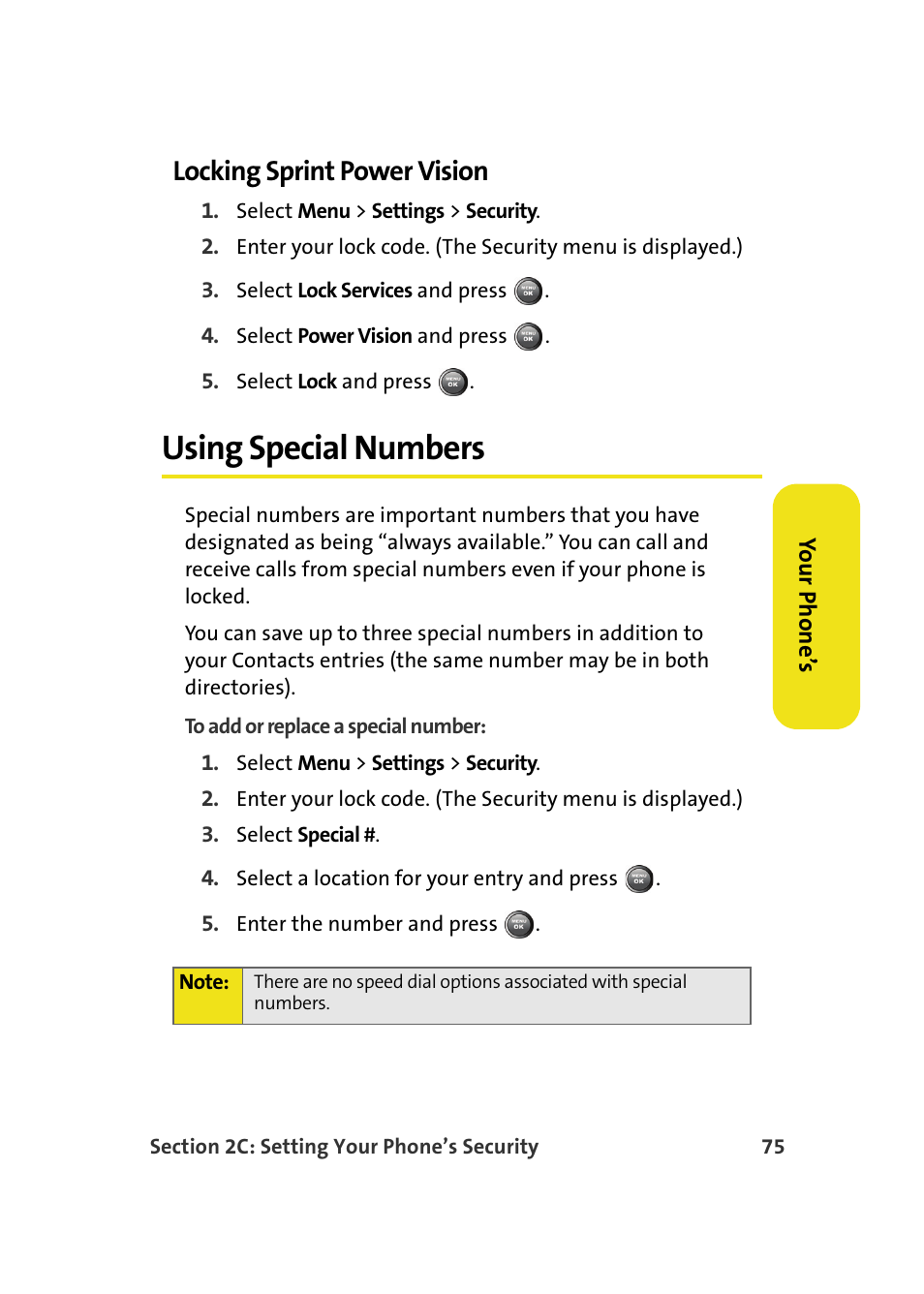 Locking sprint power vision, Using special numbers | Samsung A900M User Manual | Page 99 / 276