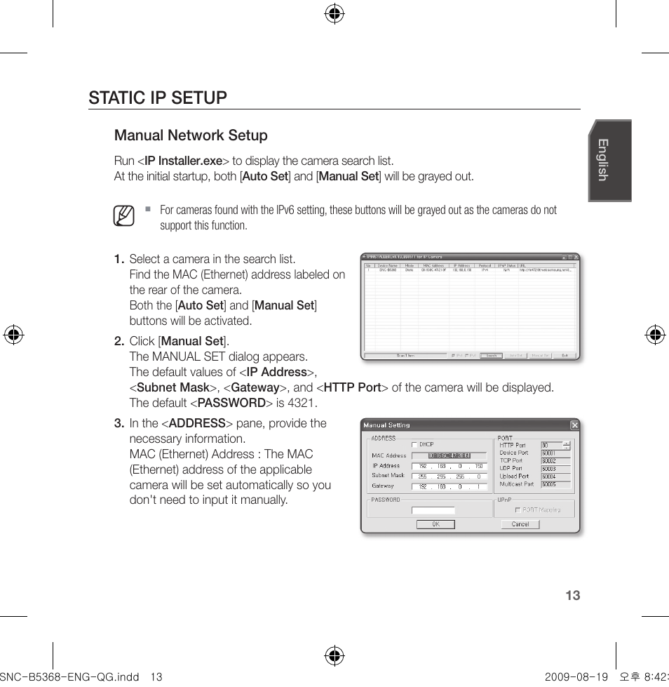 Static ip setup | Samsung SNC-B5368 User Manual | Page 13 / 162