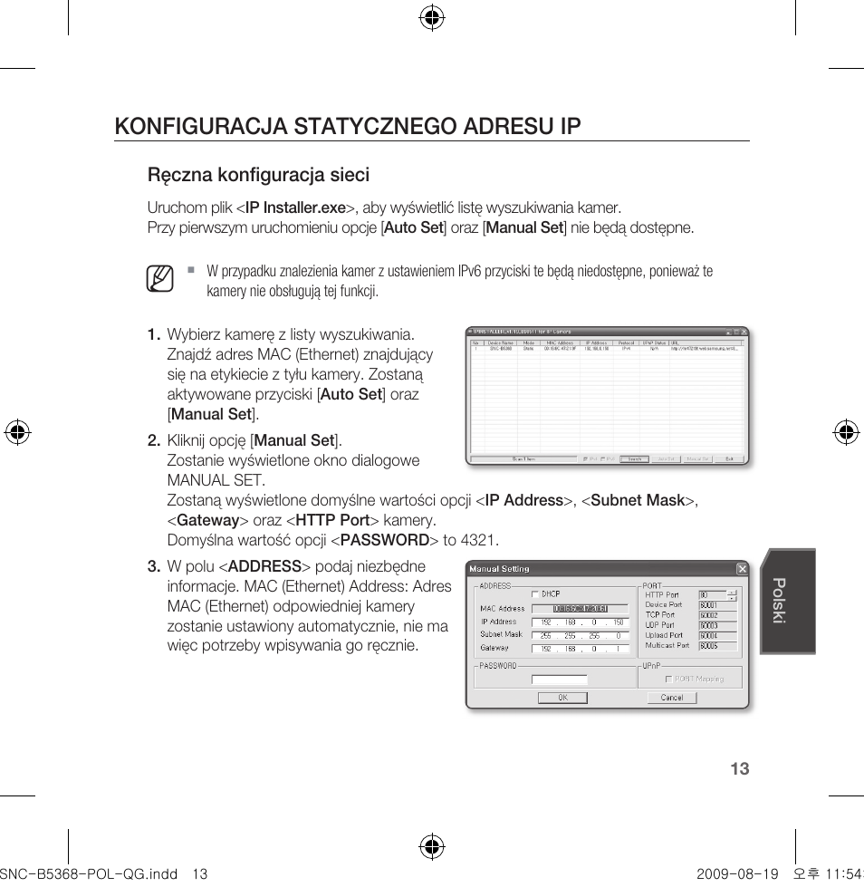 Konfiguracja statycznego adresu ip | Samsung SNC-B5368 User Manual | Page 139 / 162