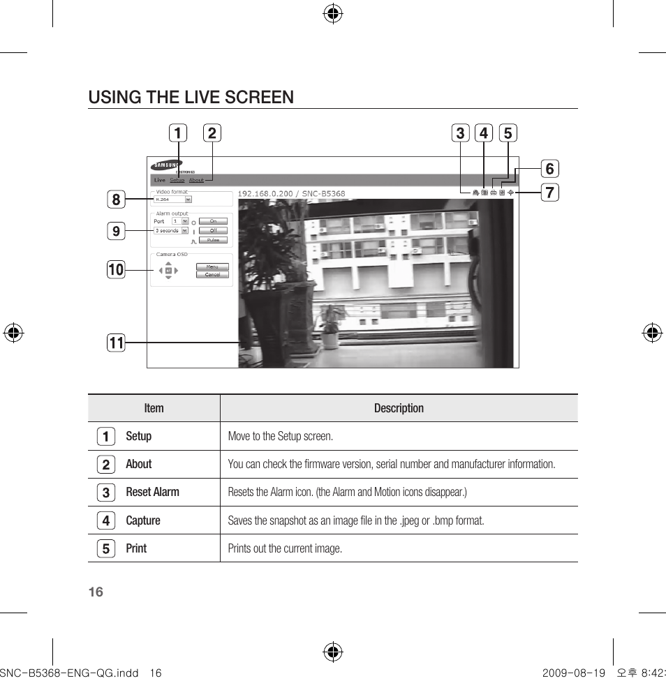 Using the live screen | Samsung SNC-B5368 User Manual | Page 16 / 162