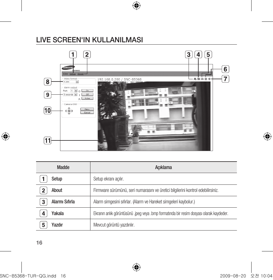 Live screen'in kullanilmasi | Samsung SNC-B5368 User Manual | Page 160 / 162