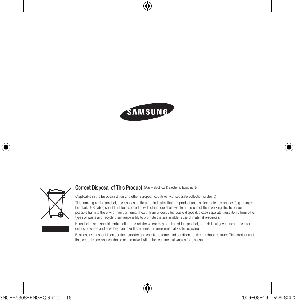 Correct disposal of this product | Samsung SNC-B5368 User Manual | Page 18 / 162