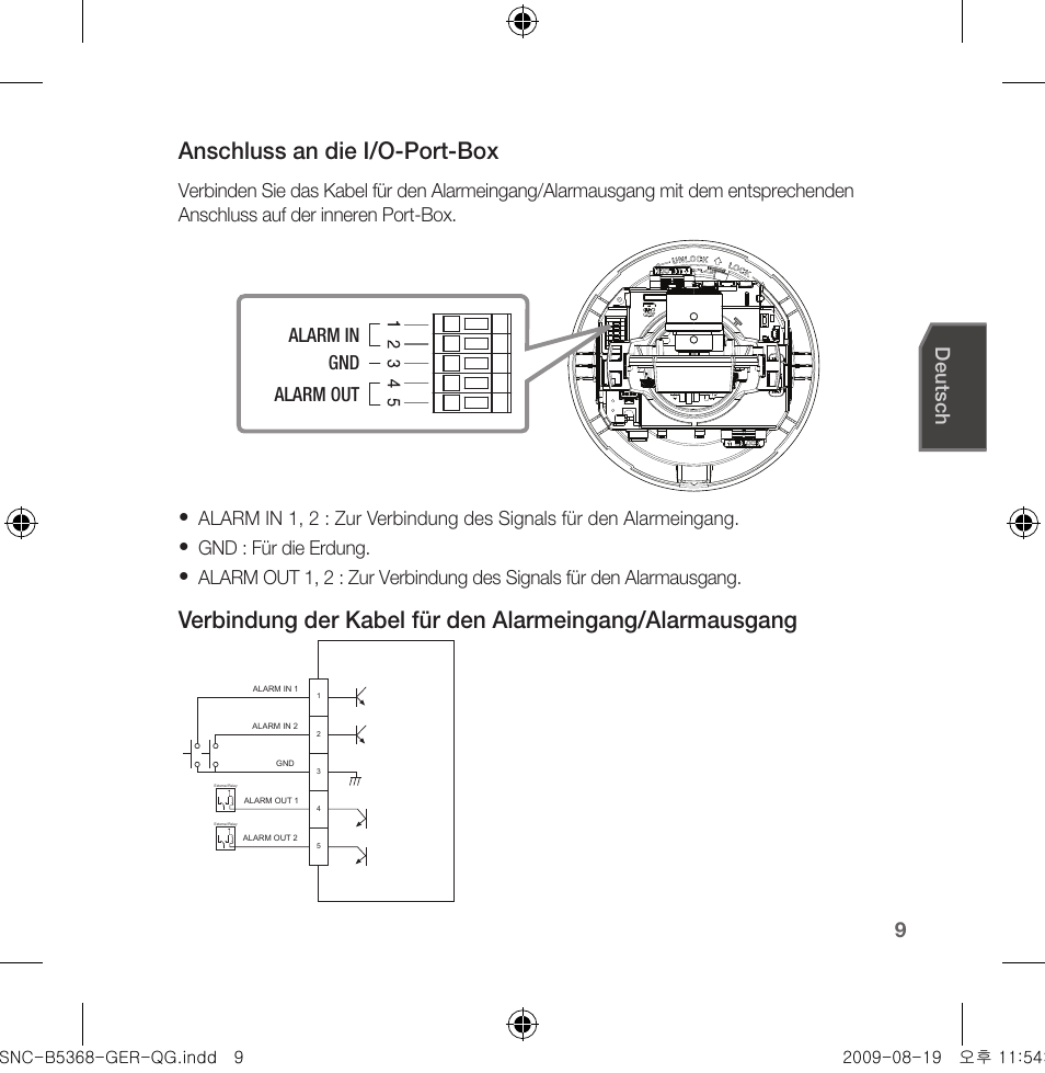 Anschluss an die i/o-port-box, Deutsch, Alarm in alarm out gnd | Samsung SNC-B5368 User Manual | Page 45 / 162