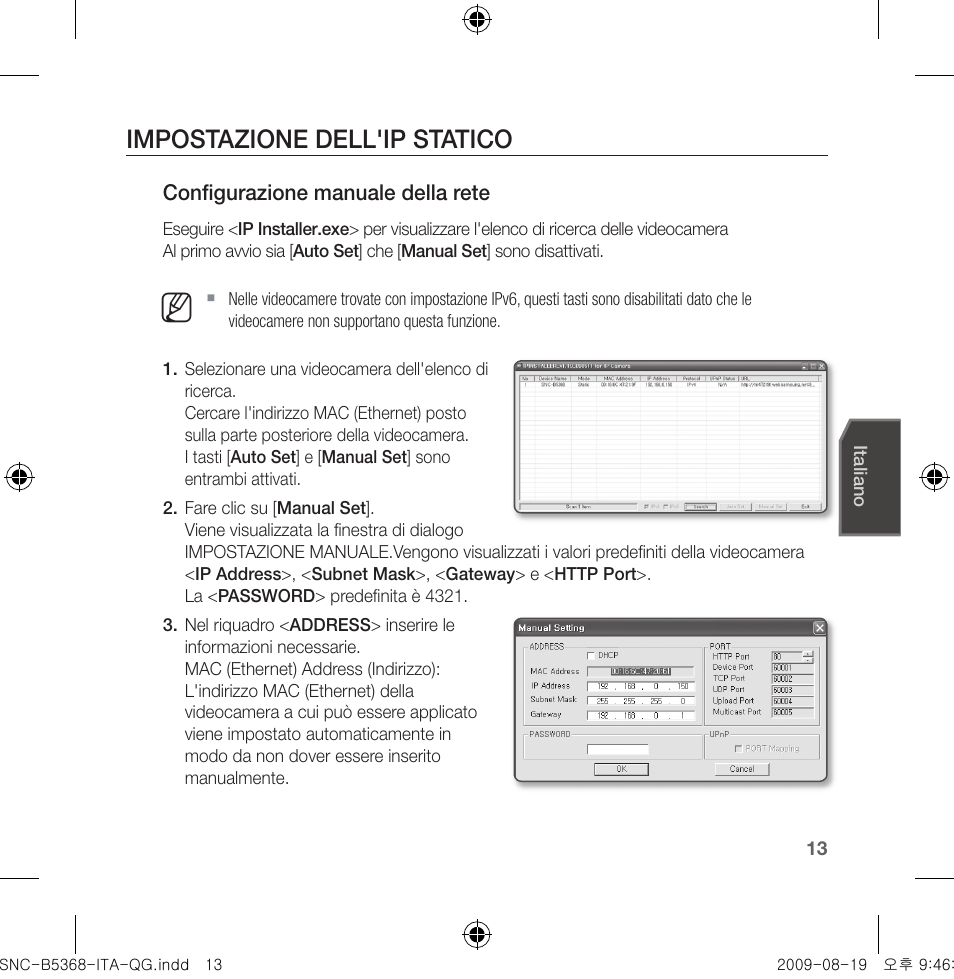 Impostazione dell'ip statico | Samsung SNC-B5368 User Manual | Page 85 / 162