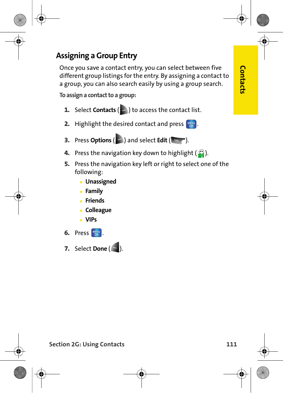 Assigning a group entry, Co n ta ct s | Samsung VI-A820 User Manual | Page 119 / 256