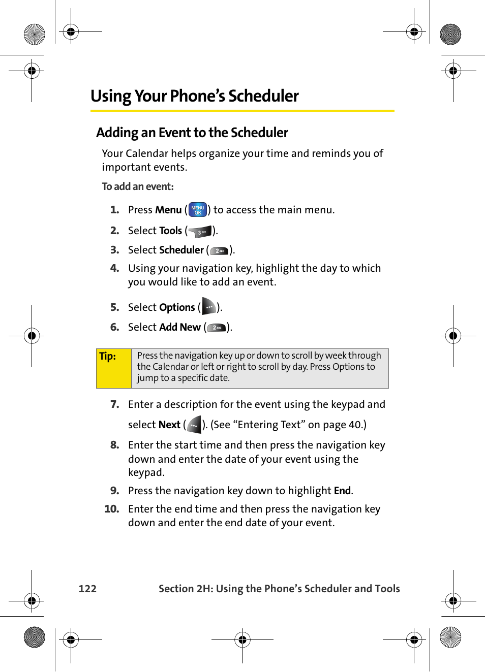 Using your phone’s scheduler, Adding an event to the scheduler | Samsung VI-A820 User Manual | Page 130 / 256