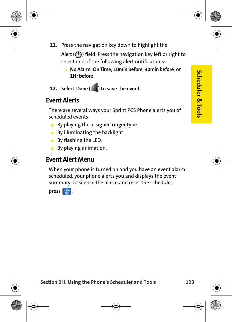 Event alerts, Event alert menu, Scheduler & t ools | Samsung VI-A820 User Manual | Page 131 / 256