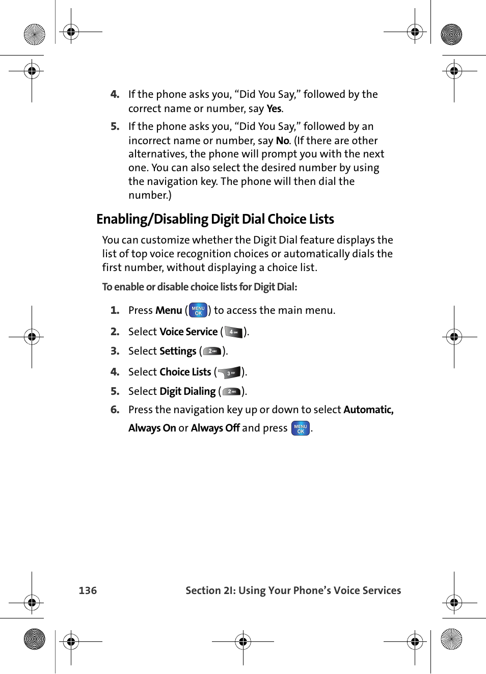 Enabling/disabling digit dial choice lists | Samsung VI-A820 User Manual | Page 144 / 256