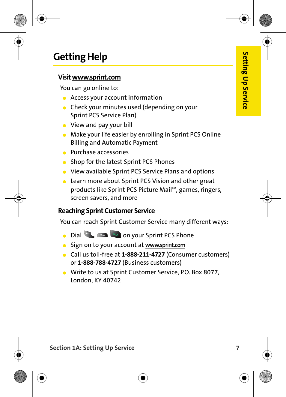 Getting help, Setting up se rvic e, Reaching sprint customer service | Samsung VI-A820 User Manual | Page 15 / 256