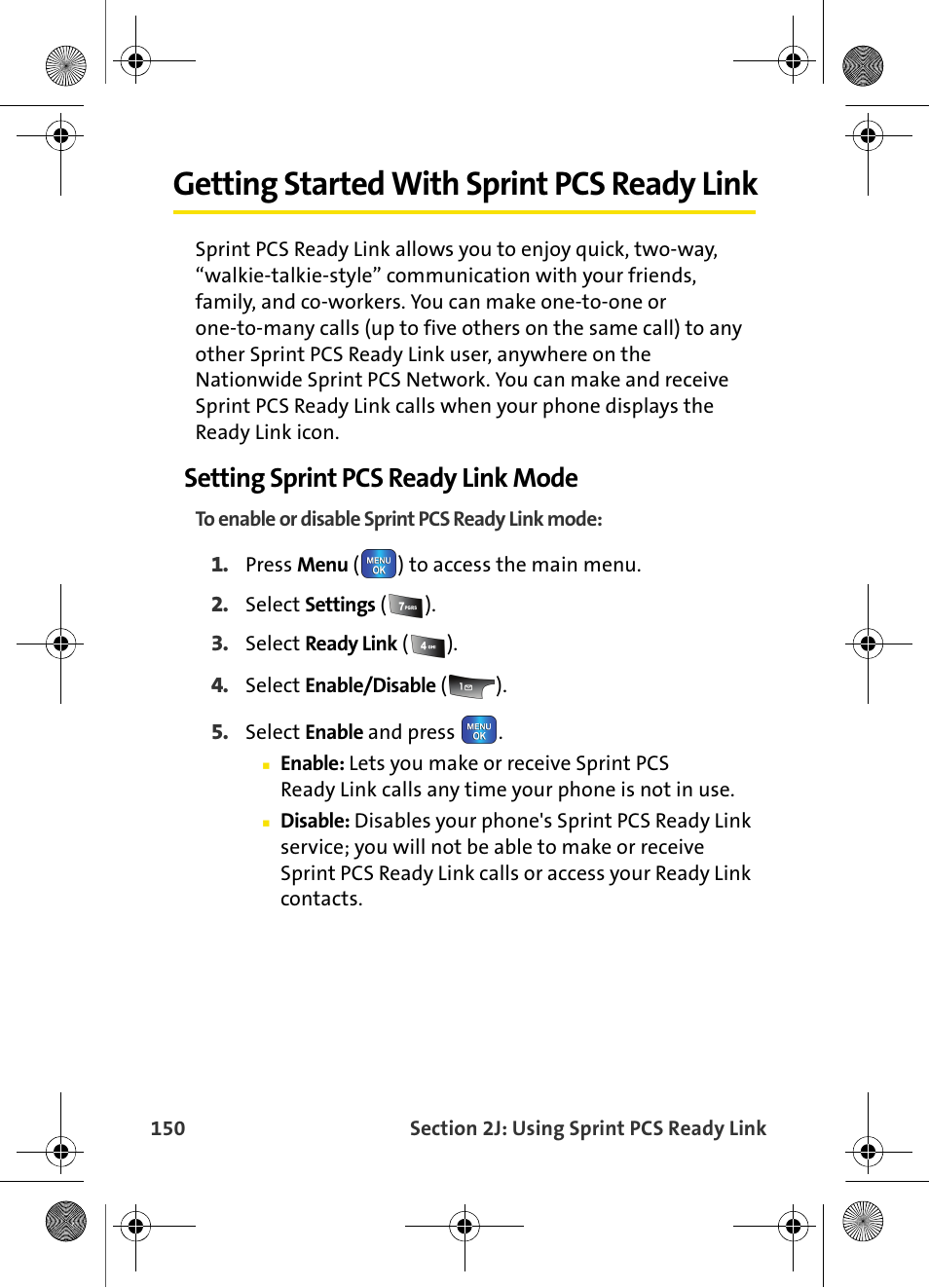 Getting started with sprint pcs ready link, Setting sprint pcs ready link mode | Samsung VI-A820 User Manual | Page 158 / 256