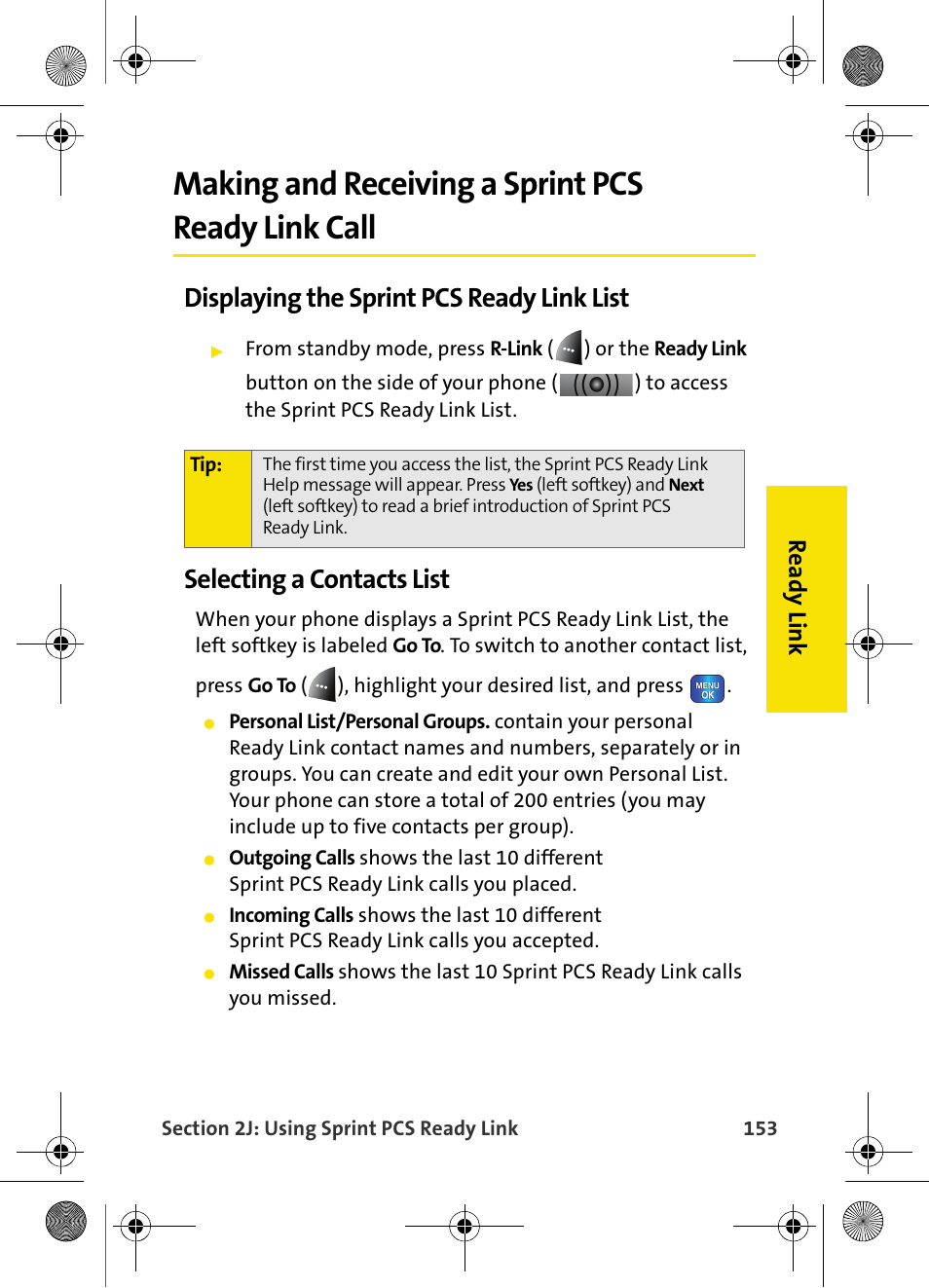 Making and receiving a sprint pcs ready link call, Displaying the sprint pcs ready link list, Selecting a contacts list | Samsung VI-A820 User Manual | Page 161 / 256