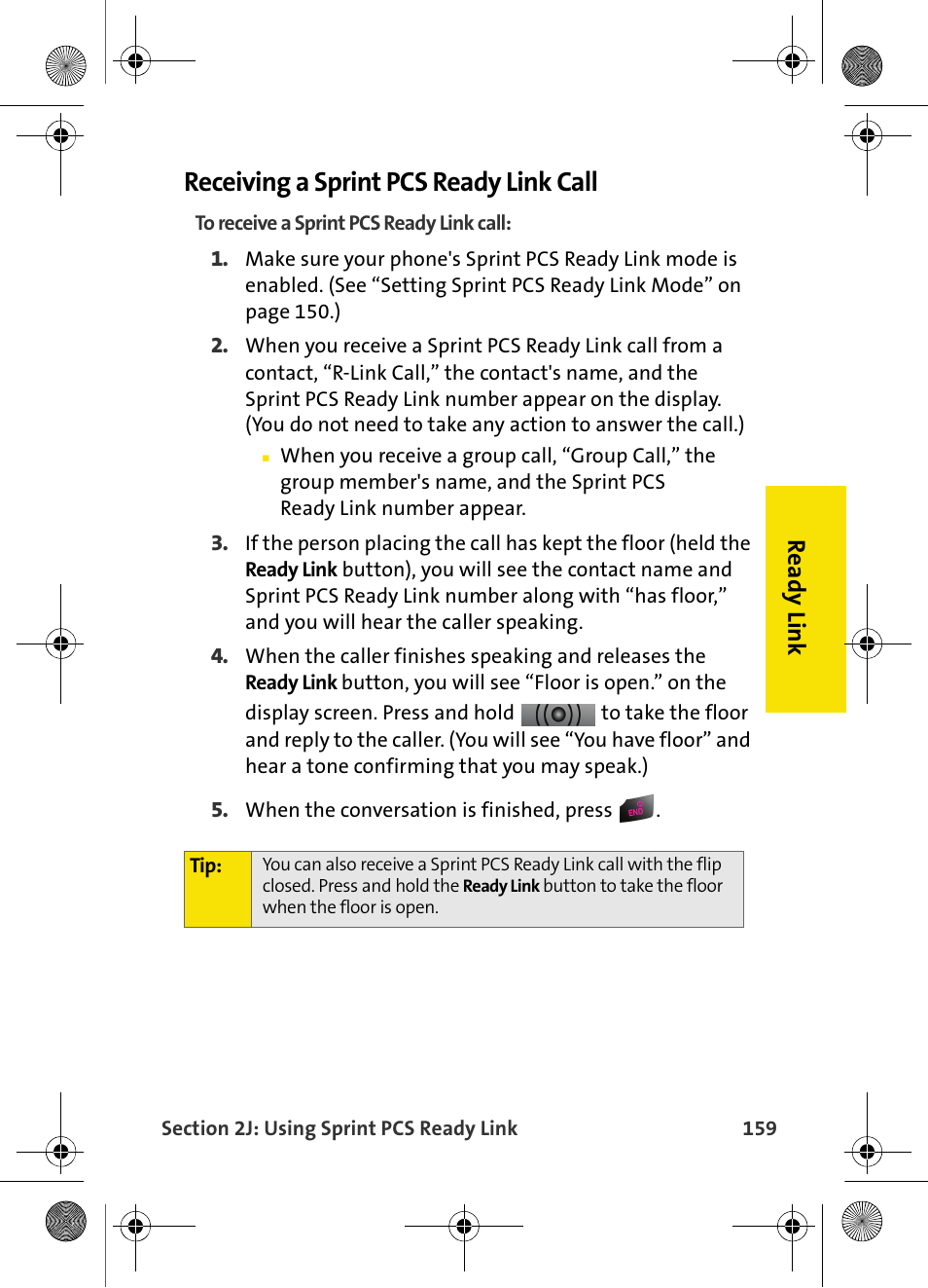 Receiving a sprint pcs ready link call | Samsung VI-A820 User Manual | Page 167 / 256