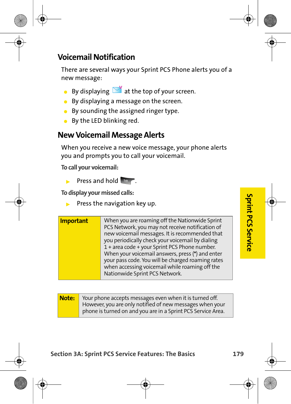 Voicemail notification, New voicemail message alerts, Sp rin t pcs s e rv ic e | Samsung VI-A820 User Manual | Page 187 / 256